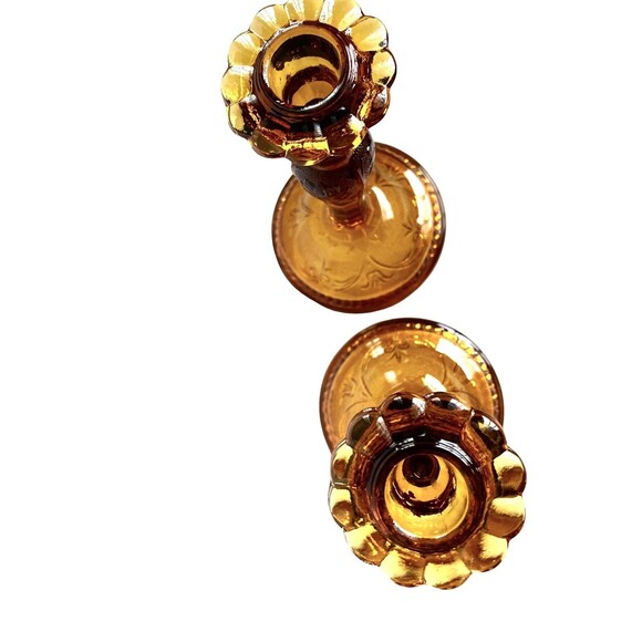 Vtg CandleSticks Tiara Amber Indiana Glass Sandwich1940 8.5"candle holder set 2 - Picture 11 of 16